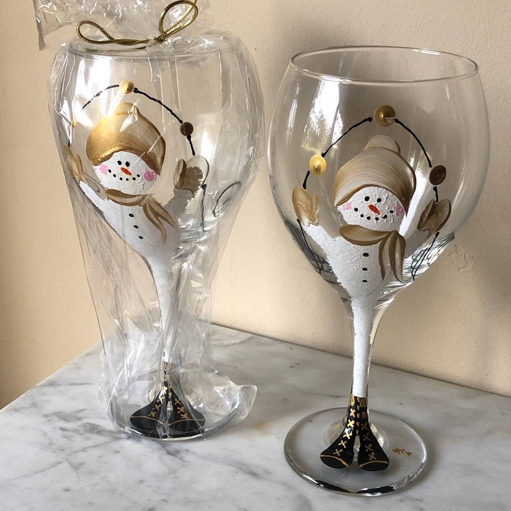 Hand-Painted Gold & White Snowman Wine Glass - Holiday Home Decor. Set of 2. New